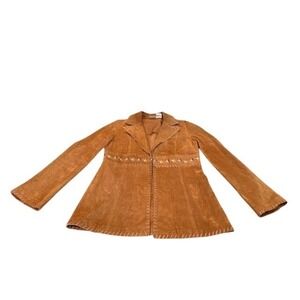 Vintage Newport News Tan Suede Whipstitch Floral Embroidered Boho Jacket Size 8